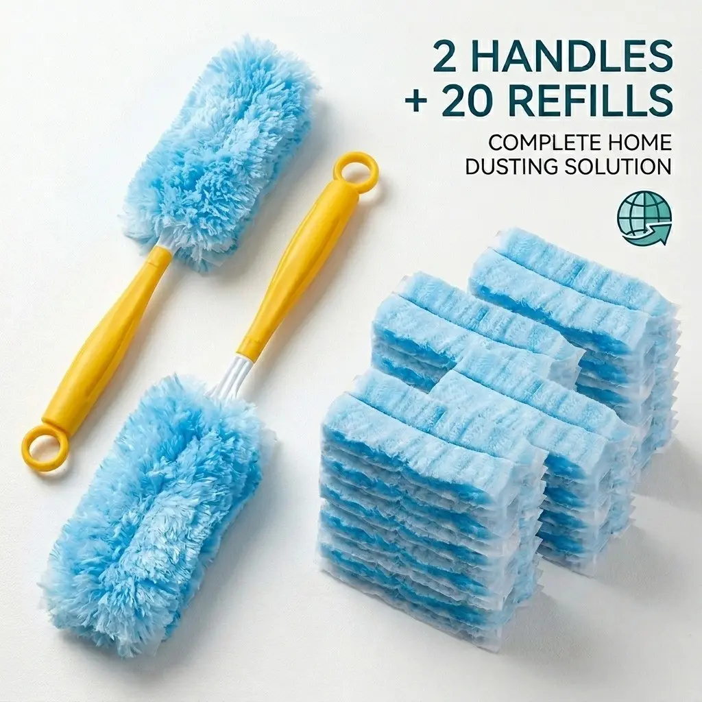 22PCS Electrostatic Duster Dust Removal Cleaning Kit, Duster Set with 2 Yellow Handles and 20 Refill Heads, Duster Refills, Disposable Blue Dusting Brushes for Home Car Furniture Keyboard and Gap Cleaning, Heavy Duty Dust and Pet Hair Remover