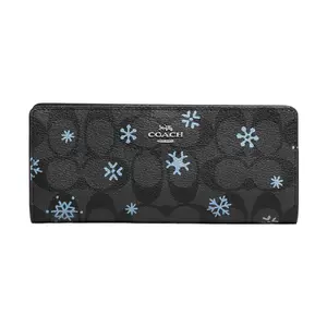 COACH Slim Wallet 19 for Women – Classic Monogram Snap Closure, Snowflake Print Coated Canvas and Smooth Leather, Black