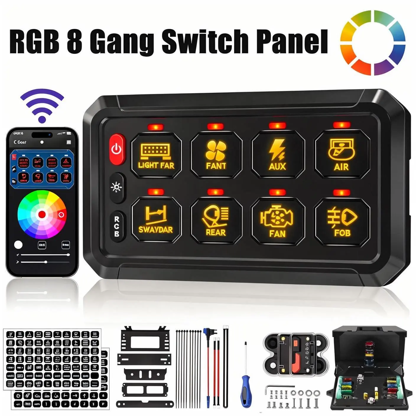 VASTFIRE 8-Gang Universal Electrical Switch Panel - Bluetooth APP Control, 80A Circuit Breaker, RGB Backlit, 12V/24V Waterproof Aluminum Alloy Box for Off-Road Trucks, RVs Lighting & LED Lights