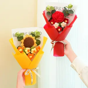 Handmade Woven Yarn Flower Bouquet - Roses, Carnations, Sunflowers - DIY Knitting-Crochet Decorative Item, Mother's Day Gift