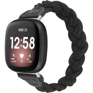Elastic Band Compatible with  Versa 4 Bands for Woman/Versa 3/Sense 2/Sense Bands Women, Slim Solo Loop Braided Strap Stretchy Woven Wristband Accessory, Black S