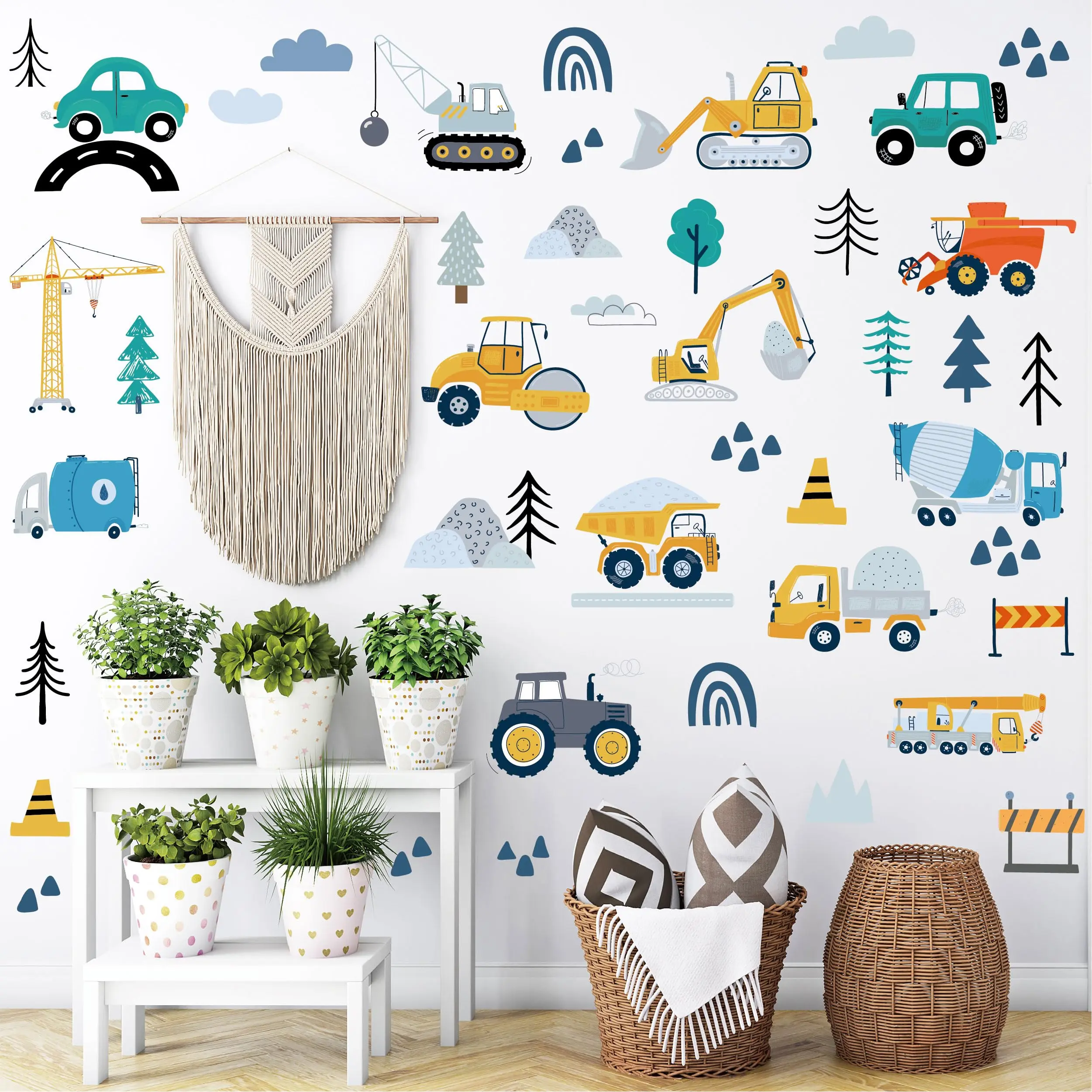 Construction Vehicle Wall Decals - 90pcs Reusable Peel And Stick Vinyl Stickers For Kids' Room  & Playroom Removable Truck Decoration