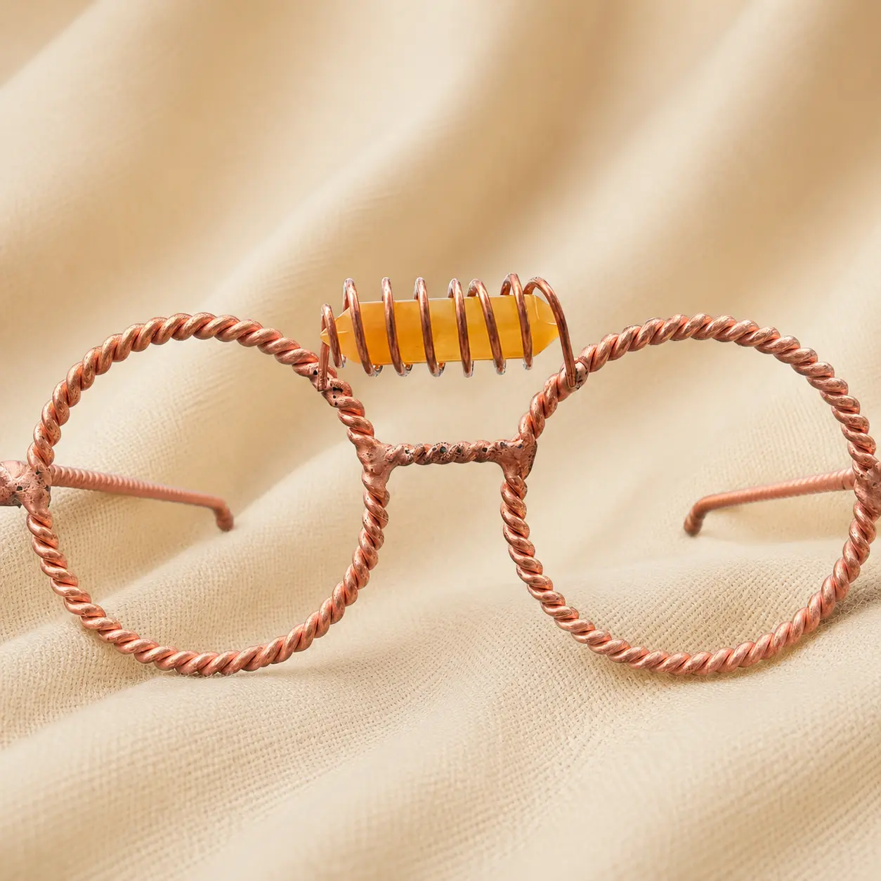 Handmade Copper Wire Frame Glasses, Round Twisted Wire Non-Prescription Eyewear with Stone Accent, Unisex