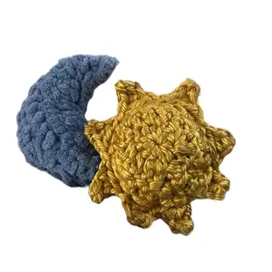 Crochet Star Moon Pillow - Blue & Gold Colors, Soft Knit Design, Ideal for Home Decor