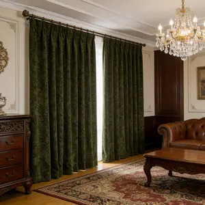 Dark Green Chenille Curtains Mid-Century Style| Full Blackout & Privacy hook/gromment 2 ways hang 2 Panels