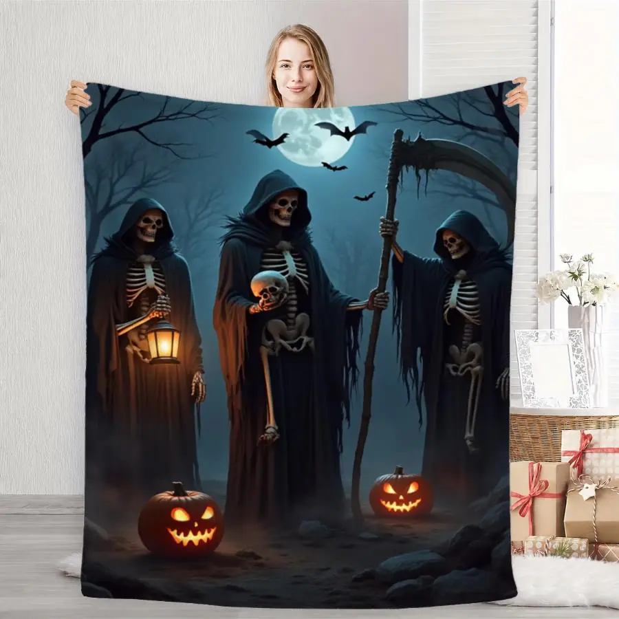 1pc Halloween Cooling Blanket, Soft Flannel Plush Throw with Dark Fantasy Hooded Skeletons in Moonlit Forest, Glowing Jack-o-Lanterns and Bats, Cozy Large  Decor Perfect as Home Decoration & Holiday Gift Choice.