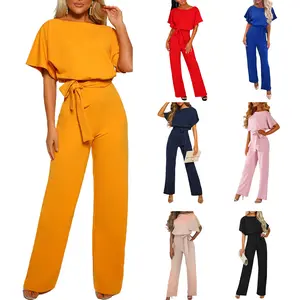 Women Ladies Female Jumpsuit Bodysuits, Elegant Short Sleeve Hollowed Waist Tie Solid Summer Wide Leg Pants Womenswear Streetwear Pink