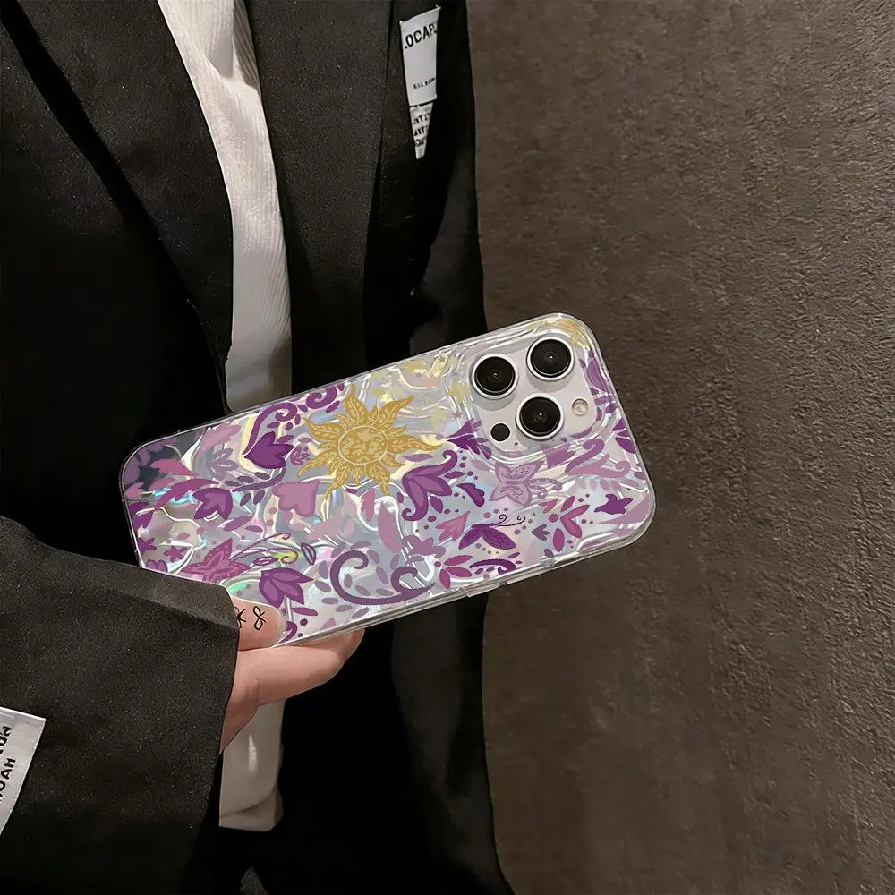Holographic Shine Acrylic + TPU Hard Case for iPhone Series (13-17 Pro Max), Princess Purple Floral Vines Water Ripple Cover, Aesthetic Celestial Sun Iridescent Shimmer Casing That Fits iOS Handheld Cellphones