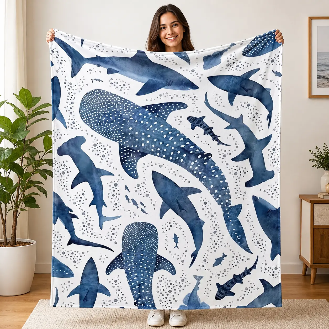 Romantic ocean style whale shark pattern warm blanket children adult nap blanket soft and comfortable suitable for all seasons