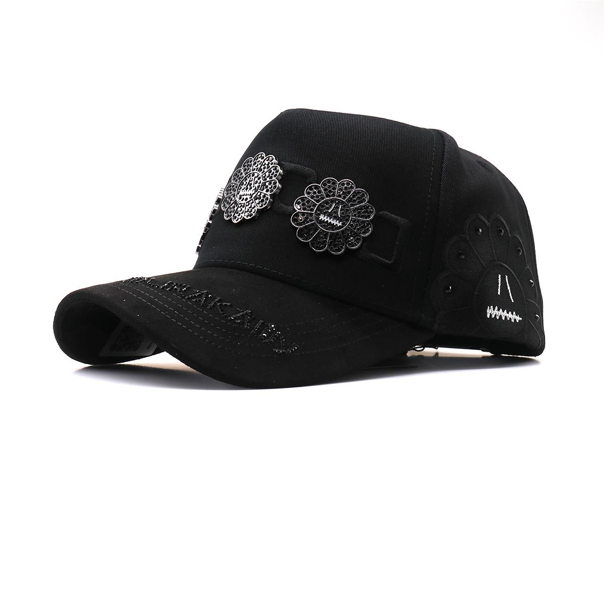 Gothic-Style "Smiley Flower" Streetwear Cap — Fully Embellished Rhinestone Hip-Hop Baseball Hat, Adjustable Black Suede-Brimmed "Dad Hat"