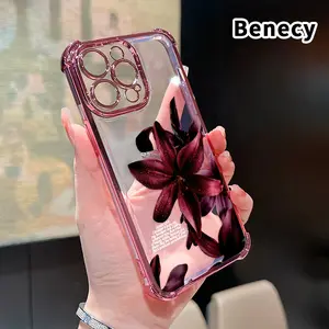 Electroplated Four Corner Anti-Fall Dew - kissed Lilies' Rhapsody Pattern Phone Case for iPhone 16 Pro Max 15 Plus 14 13 12 11 E Shockproof Transparent Protective Cover
