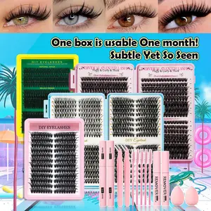 Clustered eyelash extension set, single long and short artificial eyelashes, homemade eyelash extension products with accessories, natural appearance eyelash extension products with accessories, self-planted curled eyelashes suitable for women