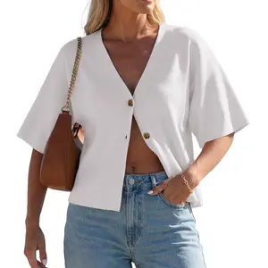 GRECERELLE Women's Summer Lightweight Short Sleeve Cardigans Open Front V Neck Casual Knit Button Down Sweater