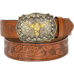 Western-PU-Leather-Belts for Men and Women Cowboy-Cowgirl Longhorn-Bull-Pattern-Engraved-Buckle-Belt for Unisex