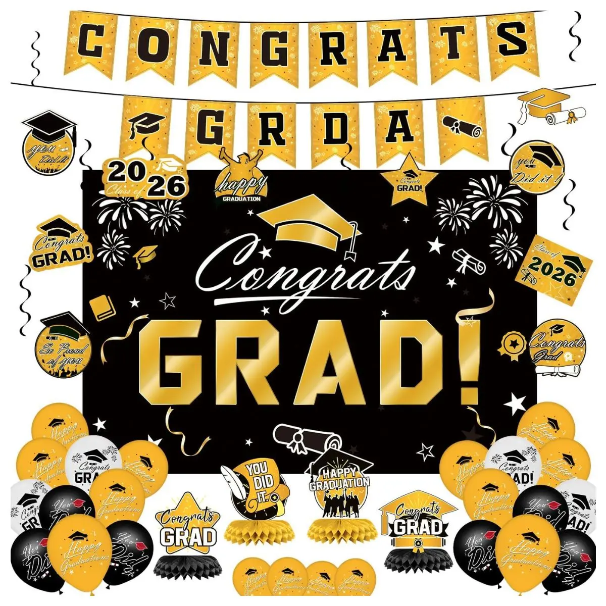 Graduation Decorations 2026 Set – Gold Congrats Grad Banner, Balloons & Hanging Swirls Complete Party Supplies