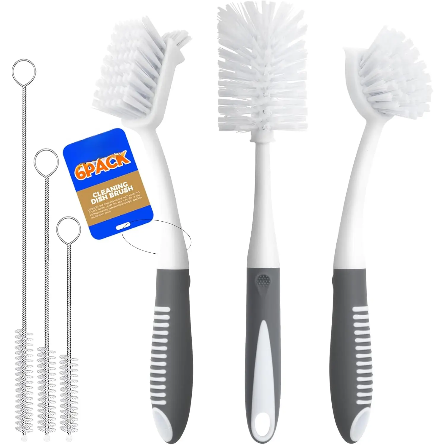 6 Pack Dish Brush Set with Bottle Brush, Dish Scrub Brush, Pan Brush and 3 Straw Brushes, Deep Cleaning Handle Brush with Scraper Tip for Kitchen Sink Dishes Bottle Cup Pot and Pans (Gray)