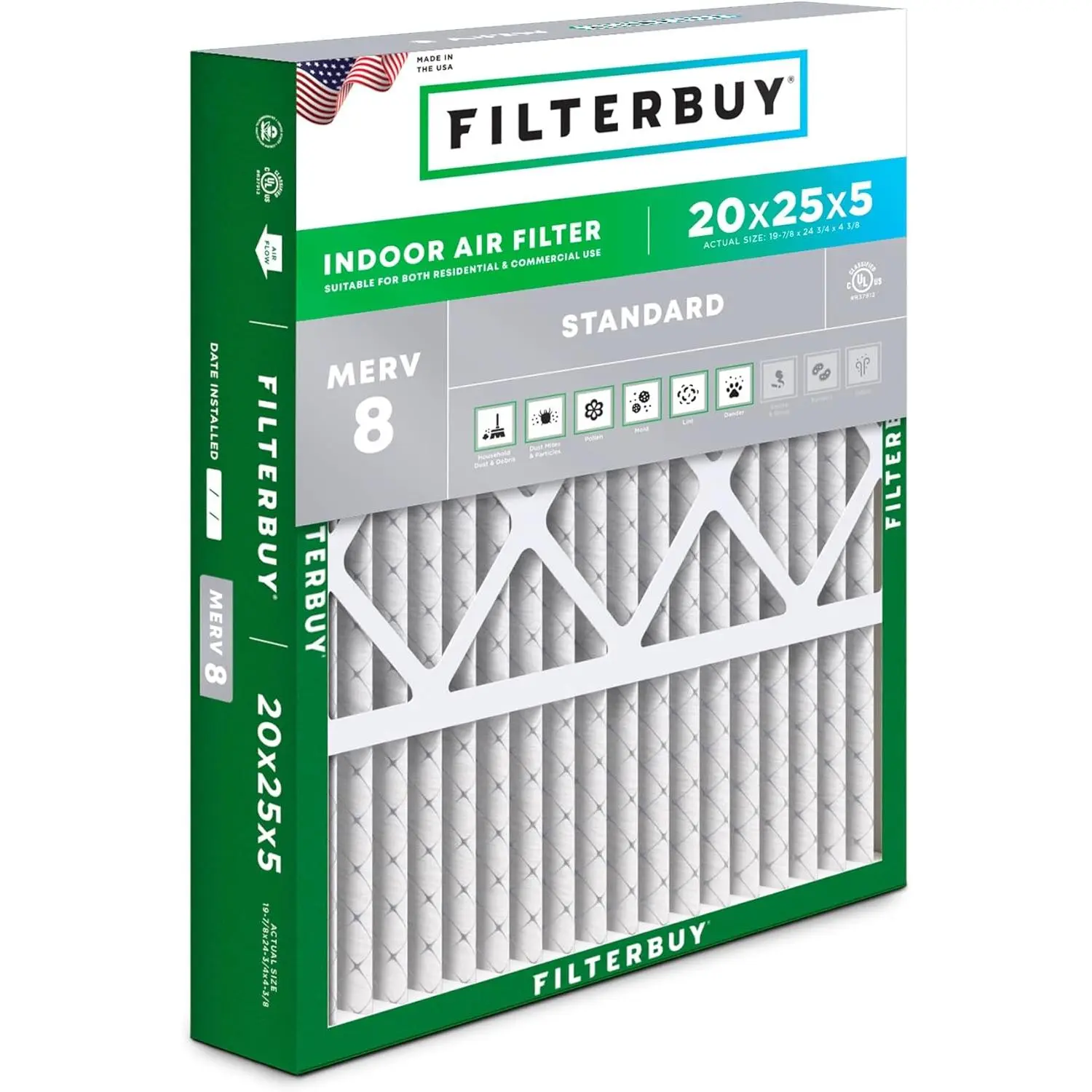 Filterbuy 20x25x5 Rectangular Pleated Replacement Air Filter (1-Pack) with MERV 8 Rating & Electrostatic Charge, Compatible with Honeywell FC100A1037, Lennox X6673, Carrier HVAC AC Furnace Systems, Dust Defense