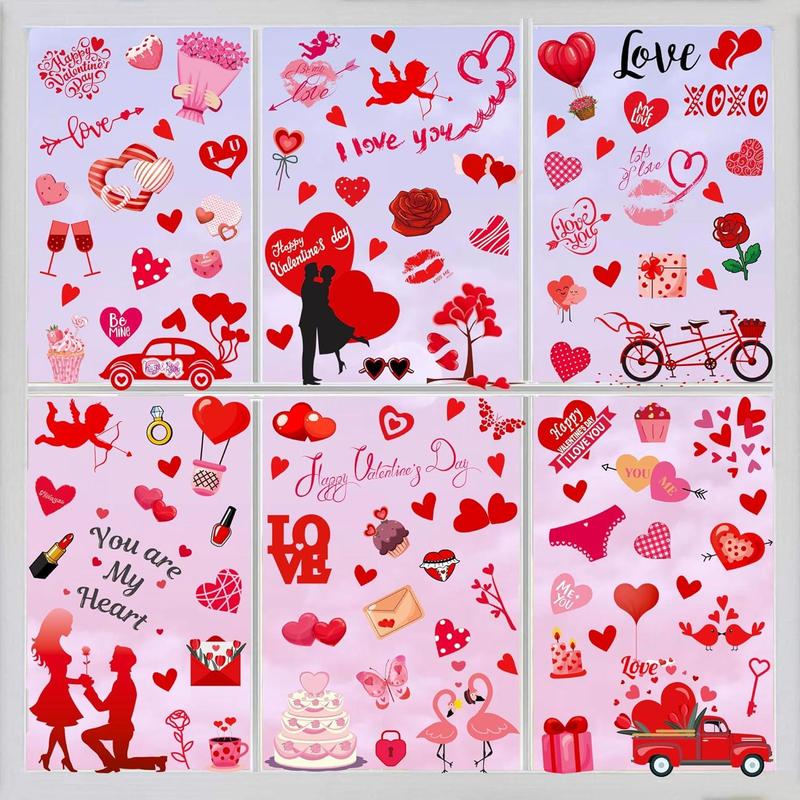 i-Beeboo Valentines Day Decor Window Clings 10 Sheets for Glass Windows Double-Sided Heart Decals with Red Love Flowers & Gifts Easy to Apply No Adhesive Needed