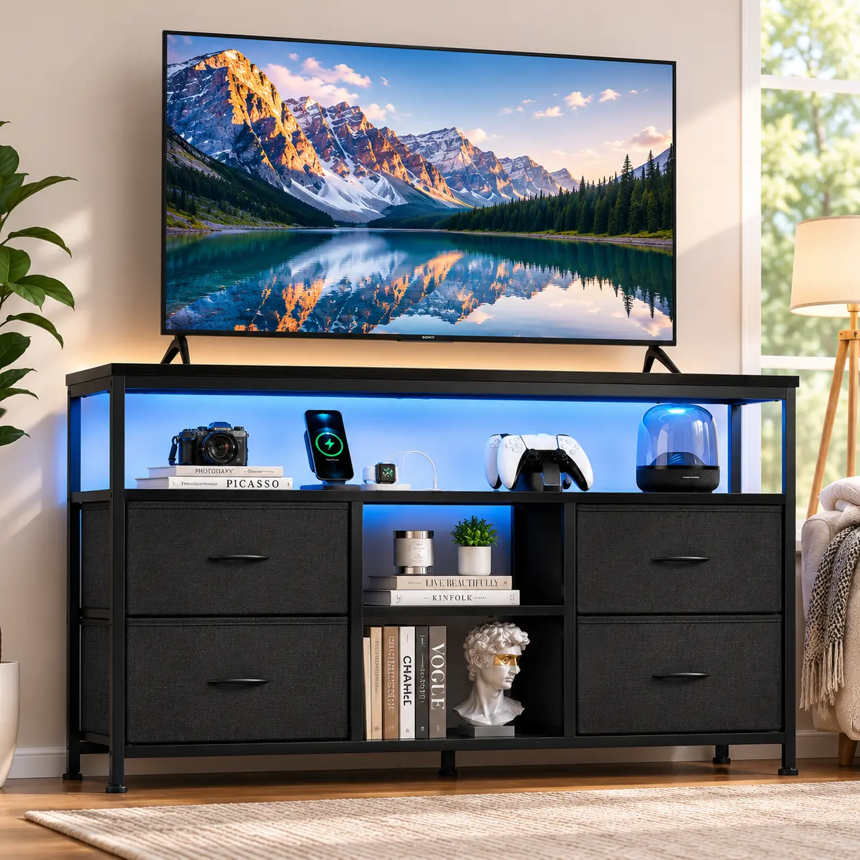 Sweetcrispy MDF Board LED TV Stand - Modern Minimalist 4-Drawer Storage Indoor Furniture with Built-In Shelving, Adjustable Base, LED Lighting, Power Outlets, Adjustable Feet for 50-Inch TV (Bedroom/Living Room)