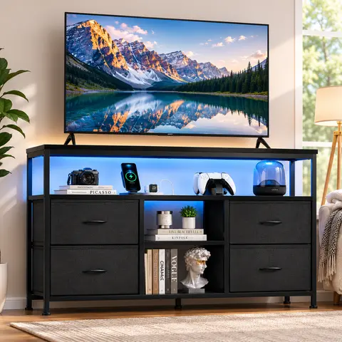Sweetcrispy MDF Board LED TV Stand - Modern Minimalist 4-Drawer Storage Indoor Furniture with Built-In Shelving, Adjustable Base, LED Lighting, Power Outlets, Adjustable Feet for 50-Inch TV (Bedroom/Living Room)