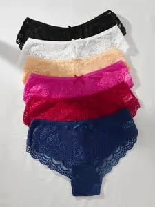 6-Piece Basic Women's Mid-Rise Briefs - 6 Color Mix with Delicate Lace Trim  Soft, Breathable  (S-XXL) Everyday Essentials Womenswear Panties  Bridal Casual Elegance Fit   Basic Minimalist