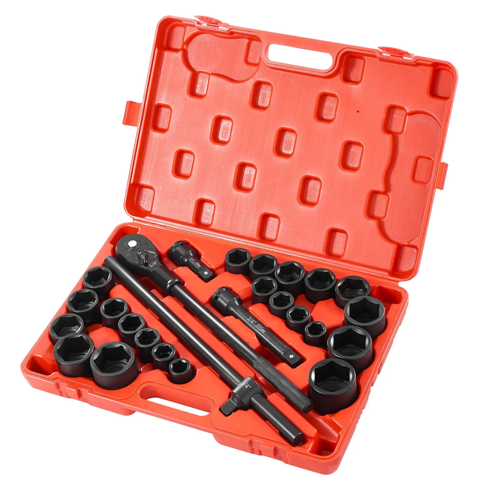 【Summerfinds】VEVOR 3/4 in Drive Impact Sockets Set, 27-Piece Cr-V Alloy Steel 6-Point Set with SAE 7/8 in-2 in, Metric 22 mm-50 mm Sockets, Extension Bars, Ratchet Handle & Storage Case for Auto Repair Wrench Set