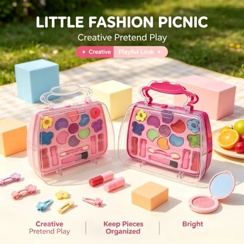 Kids Floral Compact Playful Multiple-Pieces Pretend Play Set - Washable Non-Toxic Princess Handbag with Eyeshadow, Lipstick, Kitchen Cooking Props, Children's Tableware Set, Birthday Gift Ideas