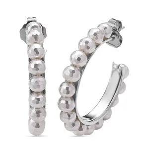 Shop LC Faceted White Shell Pearl Hoop Earrings in Stainless Steel