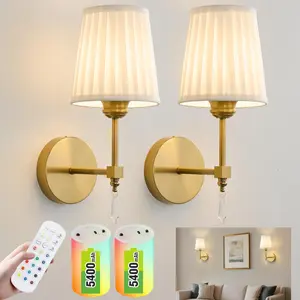 Gold Wireless Wall Sconce Set of 2 – 5400mAh Cordless & Remote Control, RGB & Dimmable Wall Lamp for Bedroom, Living Room Led Wall Light Night Lamp