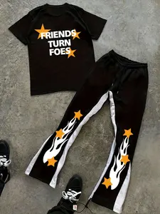 "Friends Turn Foes" Star & Flame Graphic T-Shirt & Flare Pants Set - Y2K Streetwear