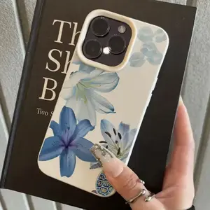 New Anti-Drop Blue Floral Turtle Shell Phone Case, Fits iPhone XR 11-17 Pro Max Plus, Samsung Series, Fashionable Protective Cover