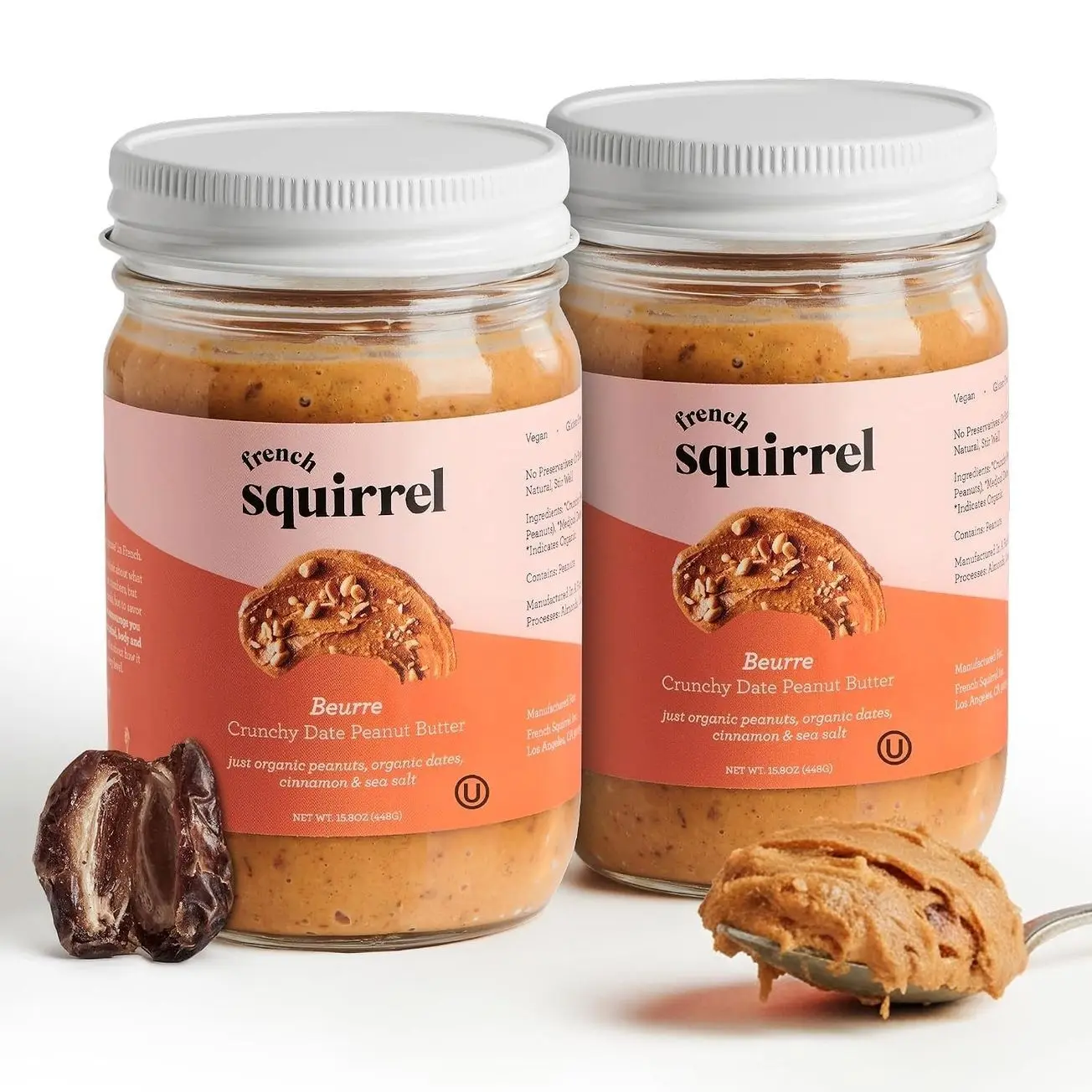 French Squirrel Peanut Beurre - Gluten-Free, Nutrient-rich Fresh Peanut Butter - Vegan PeanutButter w/Dates, Cinnamon, Sea Salt - Crunchy Peanutbutter for Toasts, Oatmeal, Porridge & More (2 Pack)