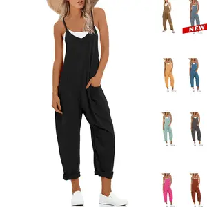 Tanming Women's Causal Jumpsuits Harem Overalls V Neck Sleeveless Stretchy Adjustable Strap Romper with Pockets Womenswear Casual FallFreshnessRAIMENTRY