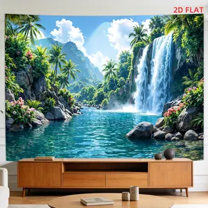 Palm Jungle Waterfall Backdrop Tropical Nature Backdrop Green River Scene Background Cloth Scenic Tapestry Wall Hanging Photography Background Polyester Fiber Living Room Office Meditation Party Event Studio Decor Studio Prop Wall