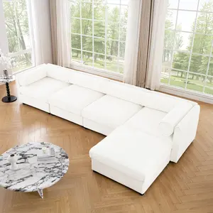 White fashion modular modular sofa with storage space, cylindrical backrest and armrests, plus an extendable footstool, deep and comfortable, durable and suitable for the living room, 4-person L-shaped sofa