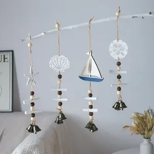 Coastal Ocean Windchime Single/Set Beach Theme Sea Shell Wooden Boat Hanging Bell Crisp Sound Marine Ornament for Window Porch Housewarming Gift,summerwins