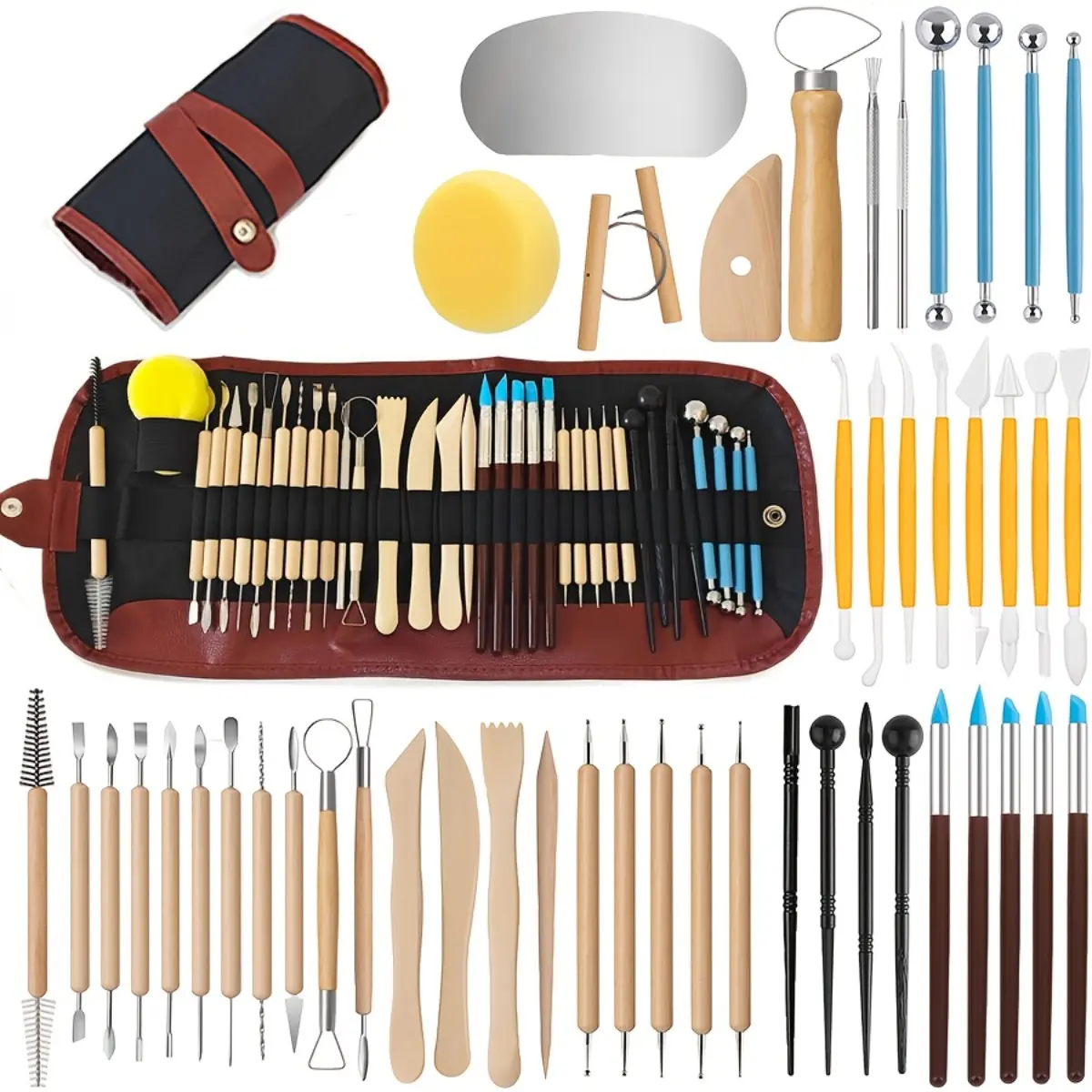 Premium 48-Piece Pottery Clay Sculpting Tools Set, Heavy Duty Stainless Steel Ceramic Carving Modeling Kit with Storage Bag, Professional Rubber Handle Design Art Craft Handcraft Tool Gift Set for Art Students & Craft Lovers