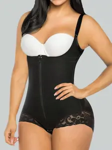 1 Count Women's Open Bust Shapewear Bodysuit, Fajas, Front Zipper Closure Tummy Control Shaper, Butt Lifting Waist Compression Garment, Adjustable Shoulder Straps Lace Trim Hem, Colombian Shapewear, Underwear, Suitable For Daily Wear, Workout, Parties