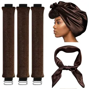 Effortless Heatless Curls 4Pcs Kit – 3 Curling Rods, Silk Scarf, Velvet Headband for Daily & Summer Use