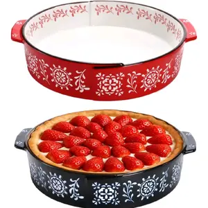 2 Pack Ceramic Baking Dish, 9 Inch Non-Stick Pie Pan with Double Handle, 44 Oz Deep and Fluted Pie Plate for Apple Pies, Quiche, Cake, Tart, Oven Microwave Dishwasher Safe, Red, Blue