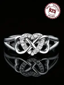 S925 Sterling Silver Heart Shaped Infinity Design Ring, Sparkling Artificial Gemstone Decor Engagement Ring, Fashion Wedding Rings for Women