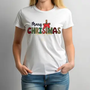 Crewneck T-Shirts Merry Christmas with Cross Cotton Top