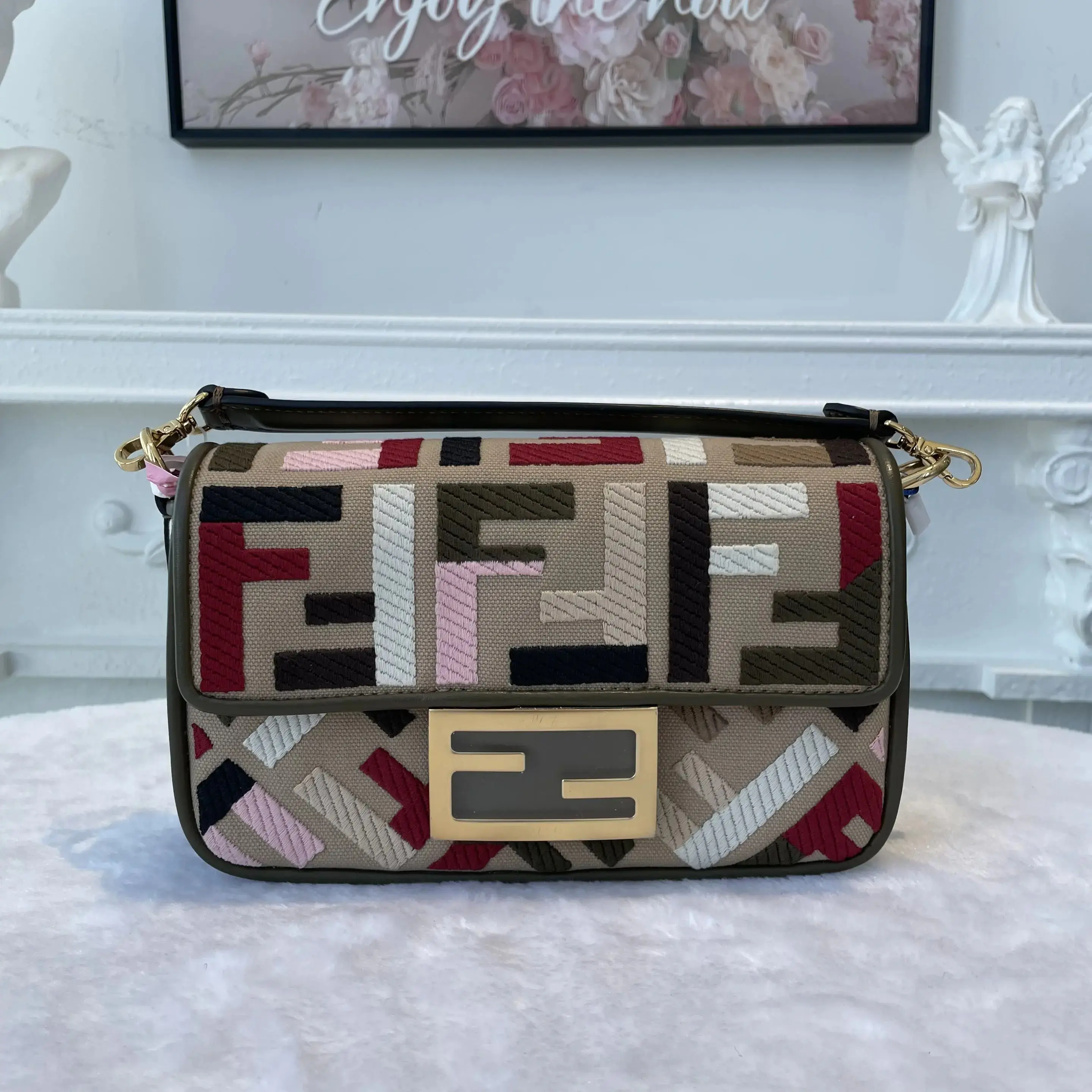 Pre-owned FENDI Canvas Shoulder Bags BJ1102404098 Baguette Mini With Multicolour Relief FF Embroidery