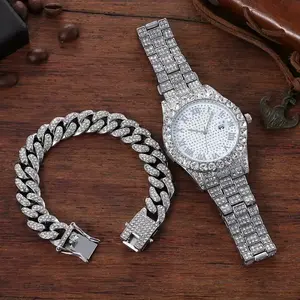 Sparkling Faux Diamond Men's Hip-Hop Watch - Luxurious Cuban Link Alloy Quartz Timepiece with Date Display, Non-Waterproof