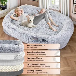 Human Dog Bed, Dog Bed Fits You & Pets, Adult and Pet Washable Giant People DogBed 10 CM Thick Memory Foam Large Oversize Dog Bed with Plump Pillow, Blanket, Strap - GreyWashable Faux Fur,Orthopedic, Plump Pillow, Blanket, Strap