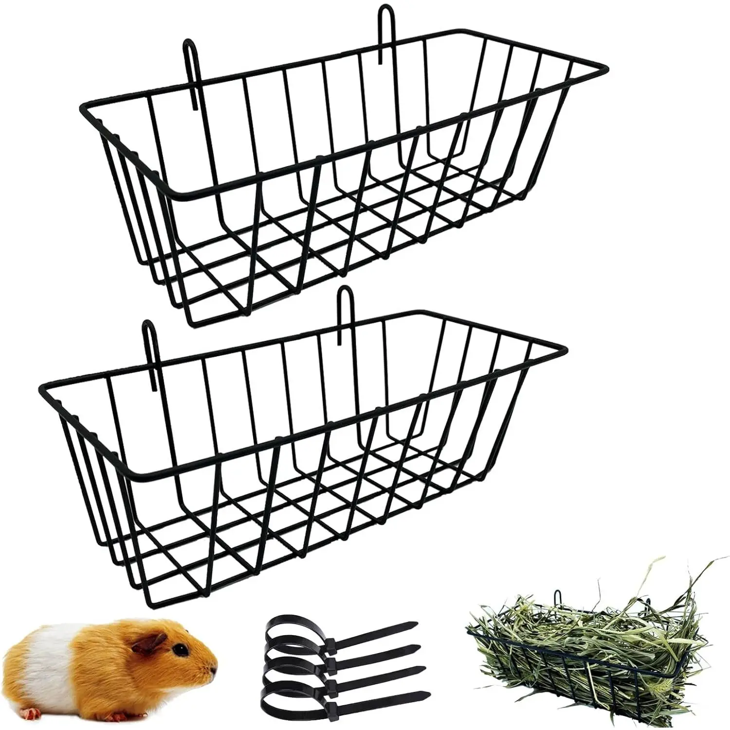 Hay Feeder Rack Guinea Pig Hay Dispenser for Cage Hanging Metal Feeder Small  Hay Holder Manger for Rabbits Guinea Pigs Chinchillas Ferrets (Black - 2 in a group)