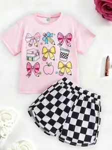 Summer Girls 2-Piece Dopamine Series Fashion Set, Cartoon T-Shirt and Checkered Shorts, Breathable Quick-Dry Summer, Perfect Gift for Valentine's Day, Fine Girls Outfit