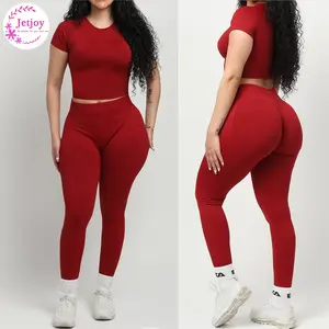 Jetjoy 2 Piece Workout Sets for Women, Short Sleeve T Shirt Tank Top + Workout Leggings Butt Lifting Gym Seamless Booty Gym Leggings, Going Out Gym Sets