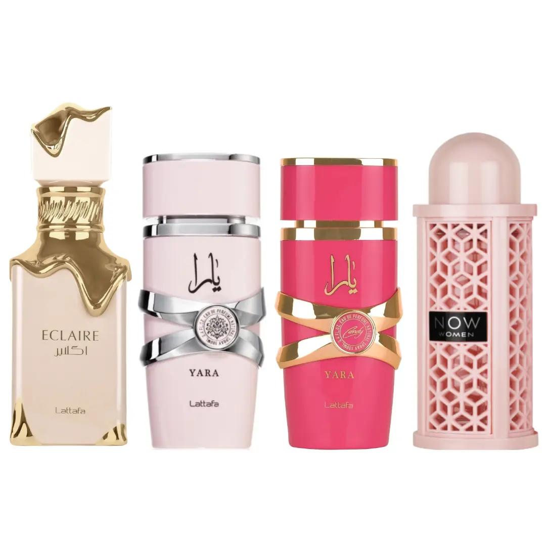 Lattafa Gourmand Fragrance Multi-Pack - Women's YARA, Women's NOW, ECLAIR, Yara Candy 3.4oz/100ml Blueberry Floral EDP Gift Bundle (Unisex Fragrance)
