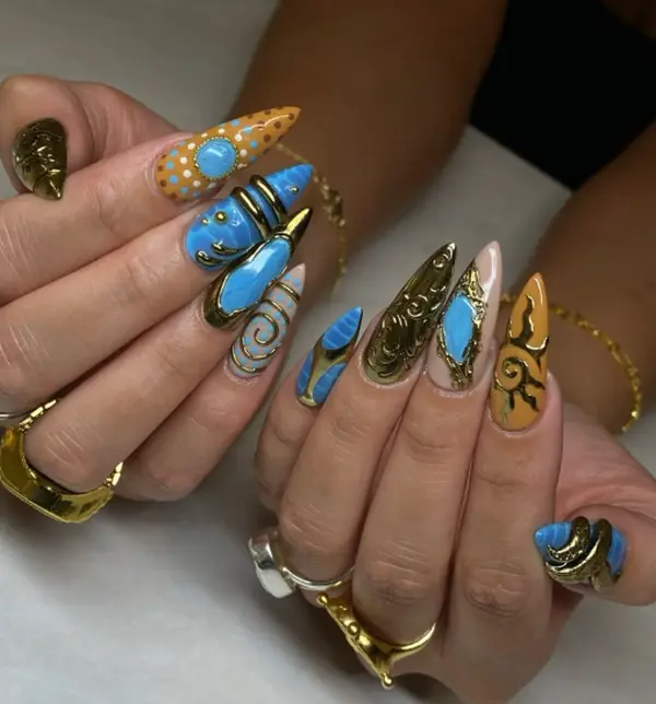 Blue & Mustard Yellow Press On Nails, Baroque Gold Metallic Stiletto Fake Nails, Unique 3D Abstract Nail Art, Custom Manicure